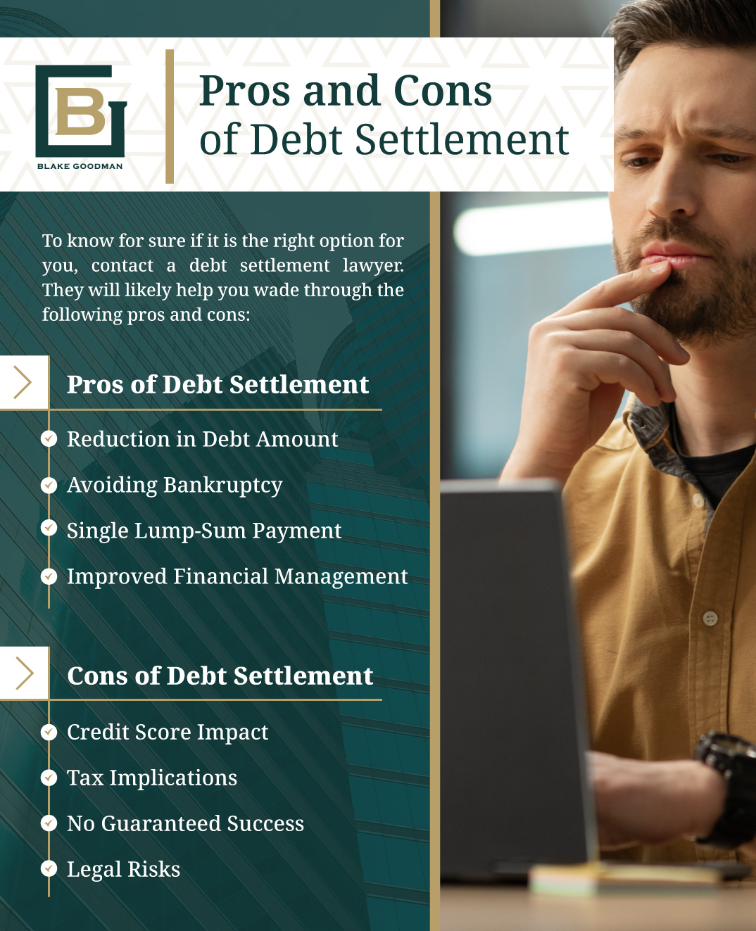 An infographic that explains the Pros & Cons Of Debt Settlement